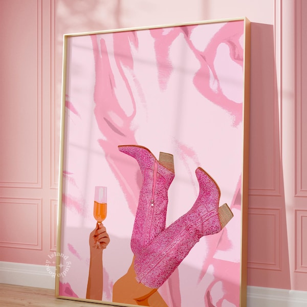 Pink Cowgirl Boots Rosé Print: Girly Western Bar Cart Decor (UNFRAMED)