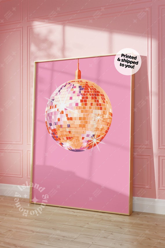 Disco Ball Wall Art, Pink Orange Disco Ball Poster, Pink Wall