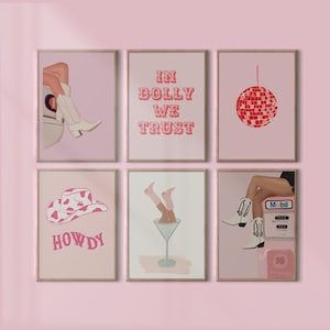 Juego de 6 impresiones de vaquera rosa con temática del oeste, impresiones de galería preppy, arte de pared de vaquera rosa, botas de vaquero, decoración de dormitorio, descarga digital