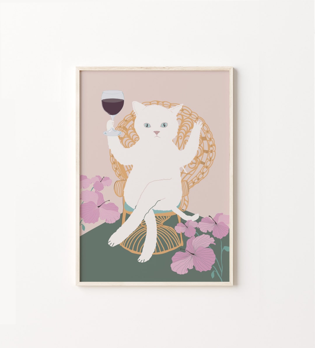 Wine Cat Art Print, Peacock Chair, Funny Cat Poster (digital Download ...
