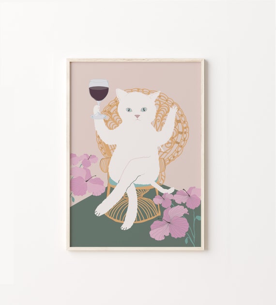 Wine Cat Printable Art Wine Cat Poster Peacock Chair Print - Etsy