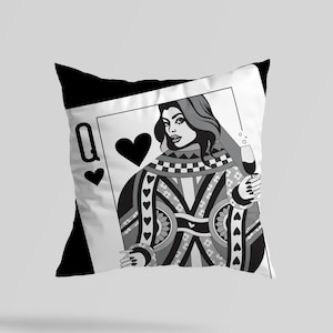 Cojín decorativo de reina de corazones en blanco y negro, cuadrado, decoración maximalista para dormitorio, reina de corazones, póker
