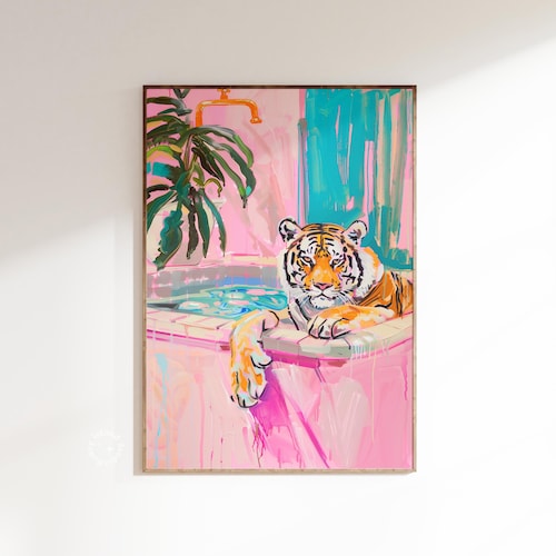Tiger Bathtub Art Print: Preppy Maximalist Bathroom Decor (UNFRAMED)
