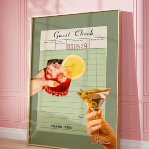 Retro guest check print, Sage Green drinks guest check, bar cart decor, trendy dorm decor, bar cart wall art, funky cocktail print, UNFRAMED