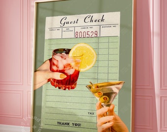 Retro cocktailprint: saliegroen gastencheque-barwagenkunst (INGElijst)