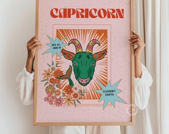 Retro Capricorn Zodiac Print, Boho Astrology Wall Art (Digital Download)