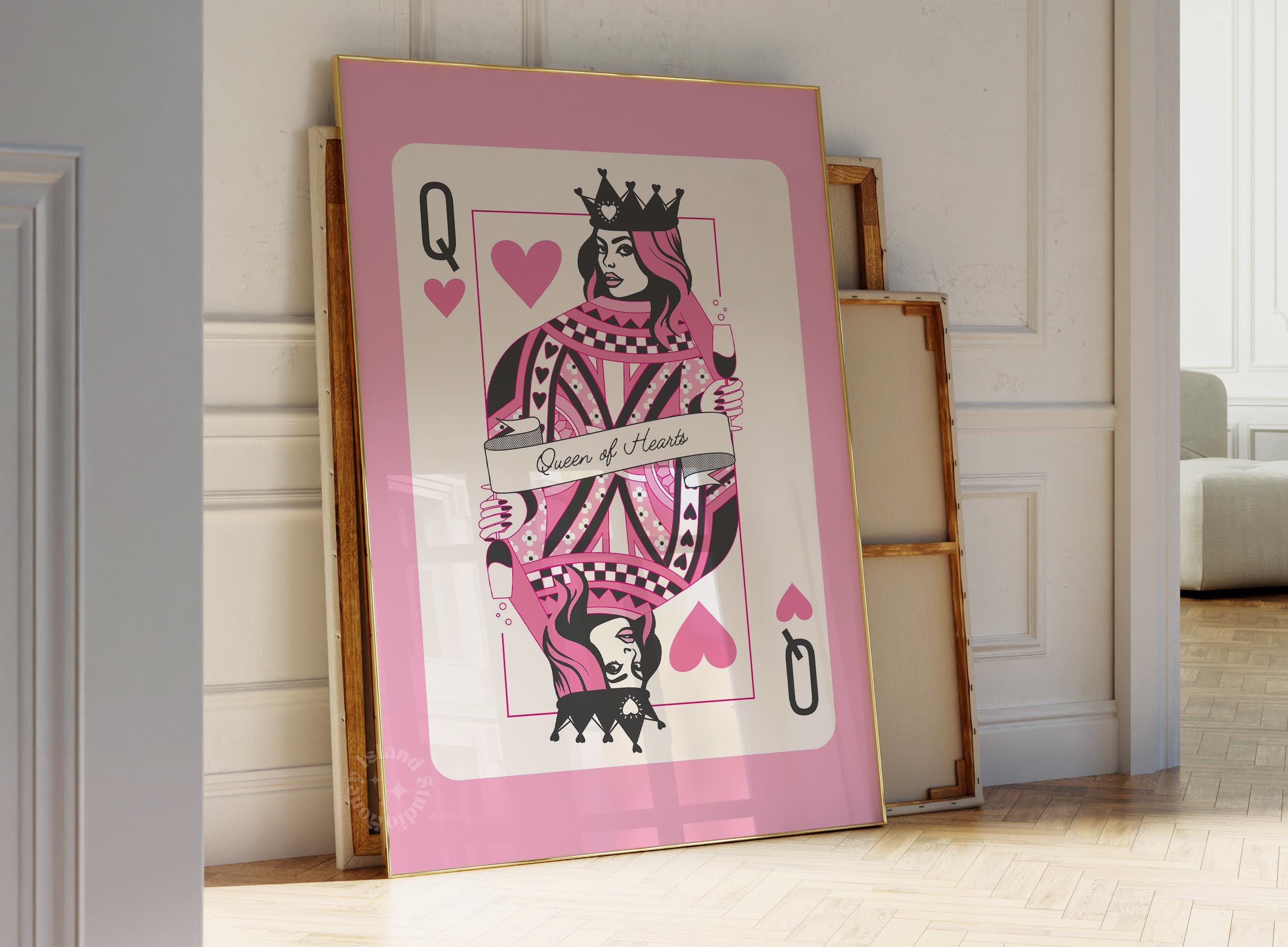 Pink Queen of Hearts Card Print: Trendy Bar Cart Decor (UNFRAMED