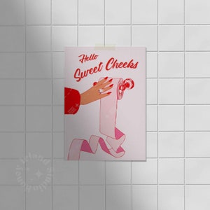 Cute Restroom Prints, Hello Sweet Cheeks Print, Wall Art, Restroom Decor, Girly Pink Prints, Retro Art Print, Vintage vibes,