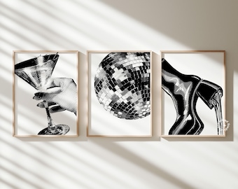 Funky Disco Ball Print Set, Martini Cocktail, Groovy Dorm Decor (Digital Download)