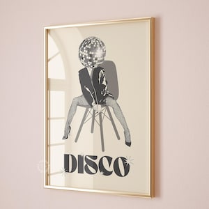 Póster de cabeza de bola de discoteca, impresión de discoteca de los 70, pósteres de moda, arte mural moderno, impresión de bola de espejos, dormitorio femenino, decoración de dormitorio, chica disco