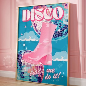 Póster de discoteca, arte de pared retro de moda, decoración de pared de discoteca, decoración de dormitorio preppy en rosa y azul, estampados femeninos