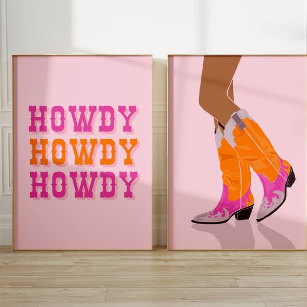 Howdy Set of 2, cowboy print, Western Wall art, Howdy, Western Boots Wall decor, Western Illustration, Cowgirl Boots print, Gift for her,