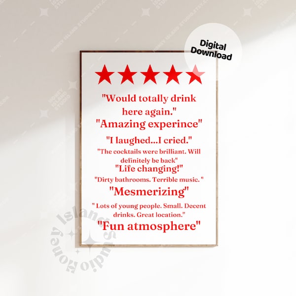 Bar Cart 5-Star Review Print, Funny Cocktail Art (Digital Download)