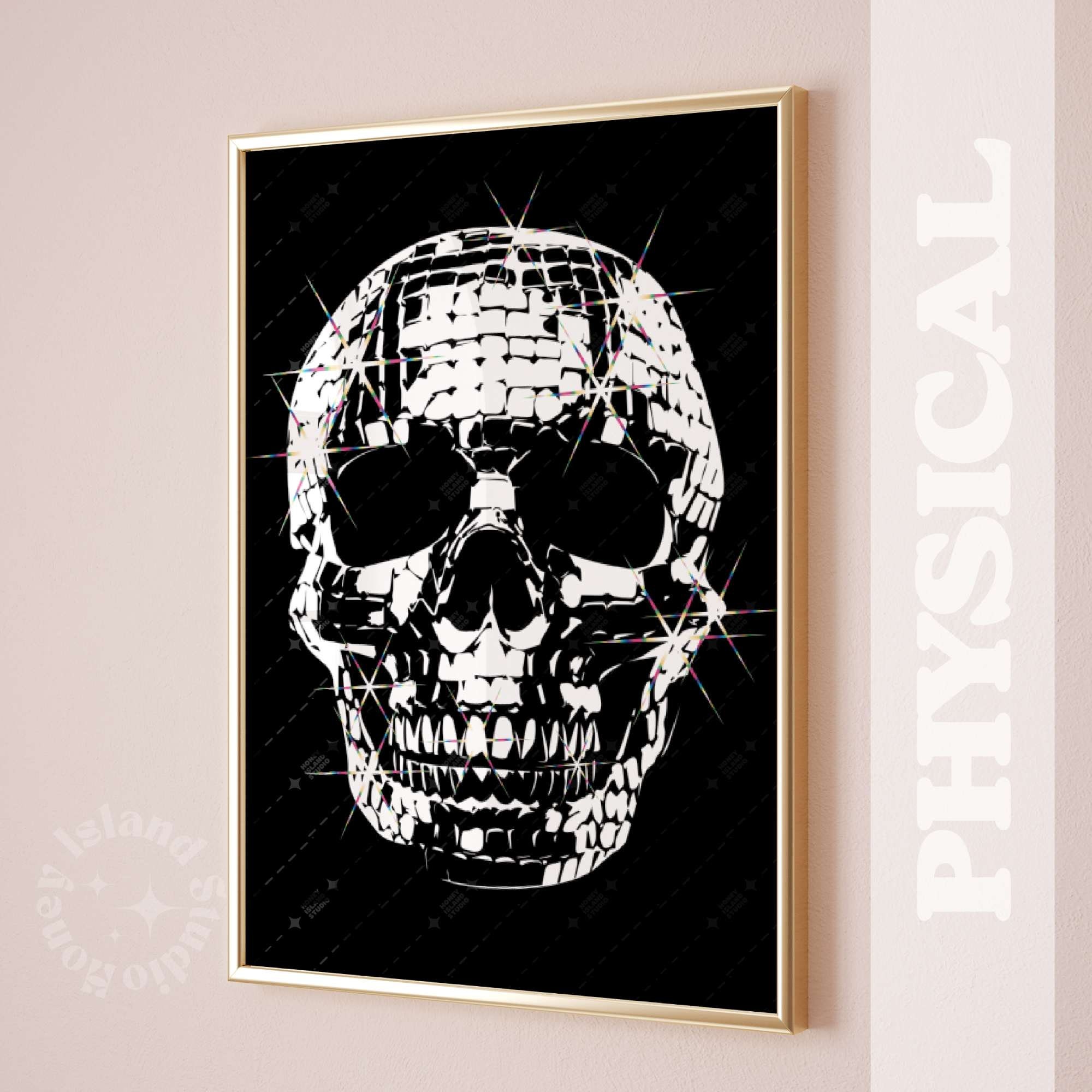 Disco skull skeleton printed poster disco skull wall decor, retro skeleton wall art, dorm decor bar cart college room apartment