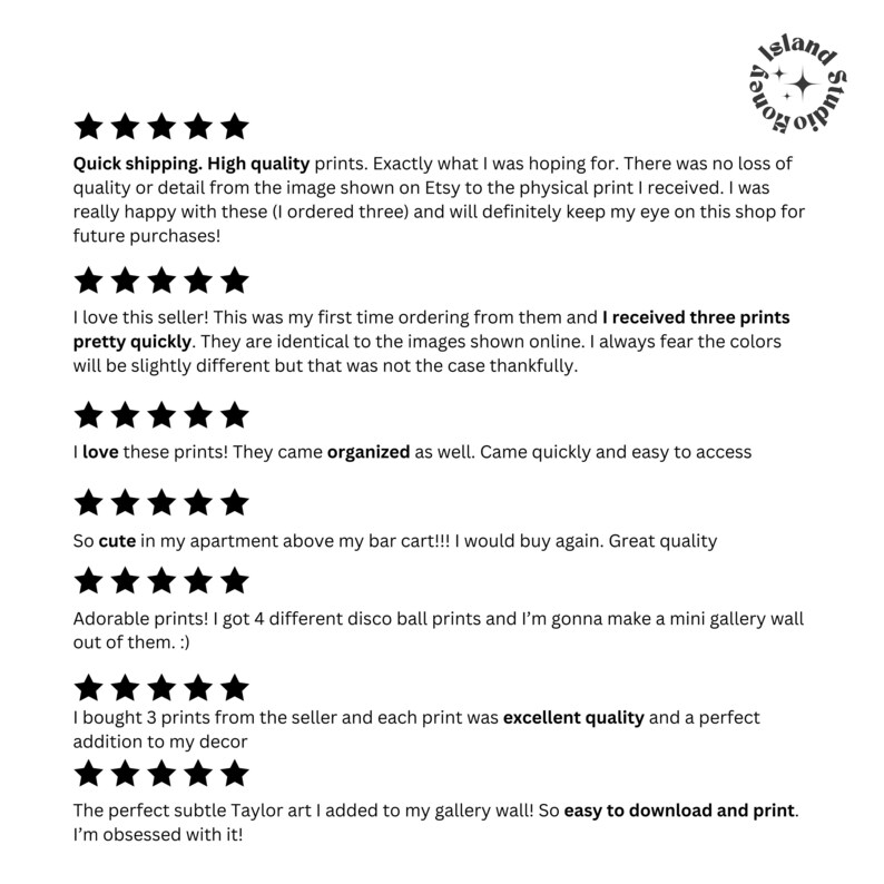 May include: Five-star reviews for high-quality prints. The reviews highlight the quick shipping, organized packaging, and accurate representation of the prints compared to the online images. The prints are described as cute, adorable, and excellent quality. The reviews mention using the prints for home decor and gallery walls.