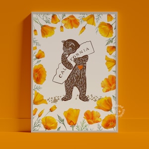 I Love California Bear Hug Print, retro California Poppy, California Bear illustratie, California Poppies gedrukte poster, INGELIJSTE