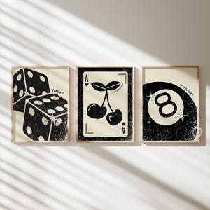 Zestaw 3 wydruków 8 Ball, Dices, Cherry, Black Funky Prints, Groovy Posters, Dorm Room Decor, Preppy Wall Decor, Digital Instant download