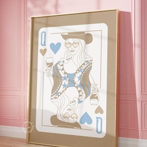 Queen of Hearts Champagne beige Blue Taupe Decor Preppy Wall Art Dorm Decor Cowgirl Western UNFRAMED
