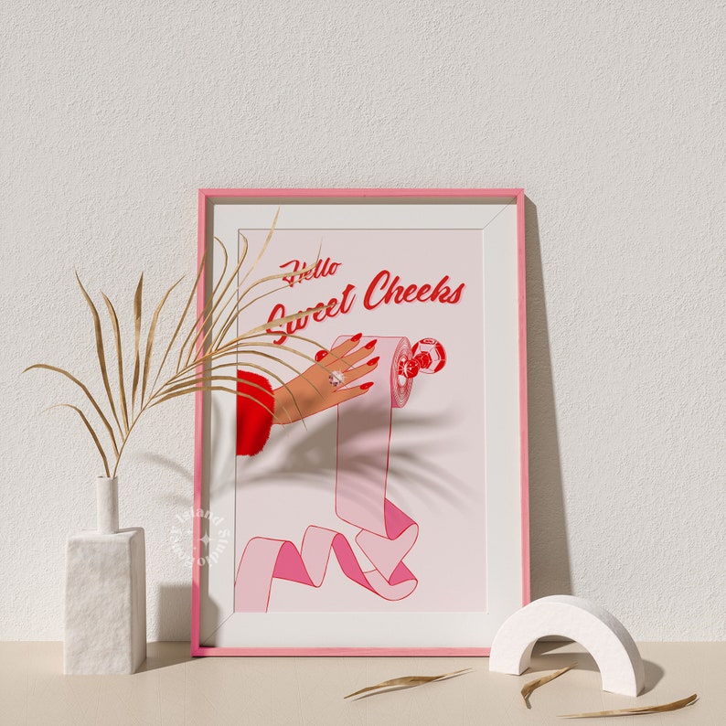 Hello Sweet Cheeks Print, Girly Pink Restroom Decor, Retro Wall Art (UNFRAMED) image 5