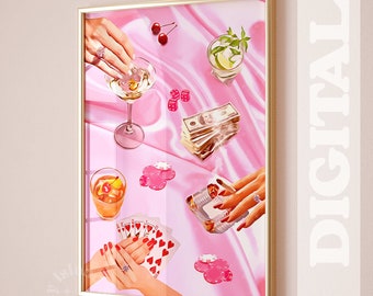 Pink playing cards wall print, pink poker night cards & drinks, retro digital download print, large printable art, downloadable prints