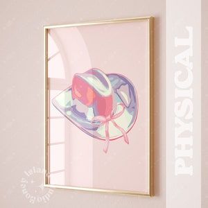 Sombrero de vaquera rosa con lazo de coqueta vaquera, arte de pared occidental, decoración de dormitorio, póster de pared para habitación de niña, póster impreso, póster de moda, sombrero de vaquera iridiscente
