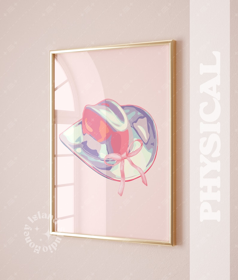 Cowgirl Coquette Bow pink Cowgirl hat western wall art dorm decor girl room wall poster printed poster trendy poster iridescent cowgirl hat