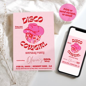 Disco Cowgirl Birthday Invite Template, Western Birthday Invitation, Editable Template, Rodeo Party, Pink cowgirl