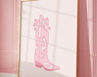 Pink Cowgirl Boot Flower Print, Western Girly Wall Art (Digital Download)