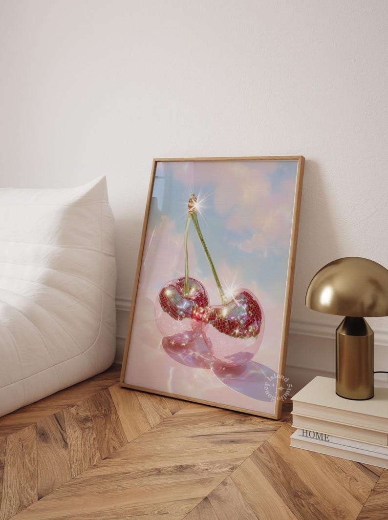 Cherry Disco Balls Surreal Art Print, Cherry Disco Print, Disco Balls, Disco Ball Cherries, Disco Cherry, Pink Cherry Wall Art, UNFRAMED