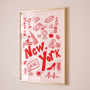 Impresión de garabatos de Nueva York, póster rosa de Nueva York, arte de garabatos de la Gran Manzana, decoración de dormitorios, decoración de apartamentos, decoración de pared estética y moderna, SIN MARCO