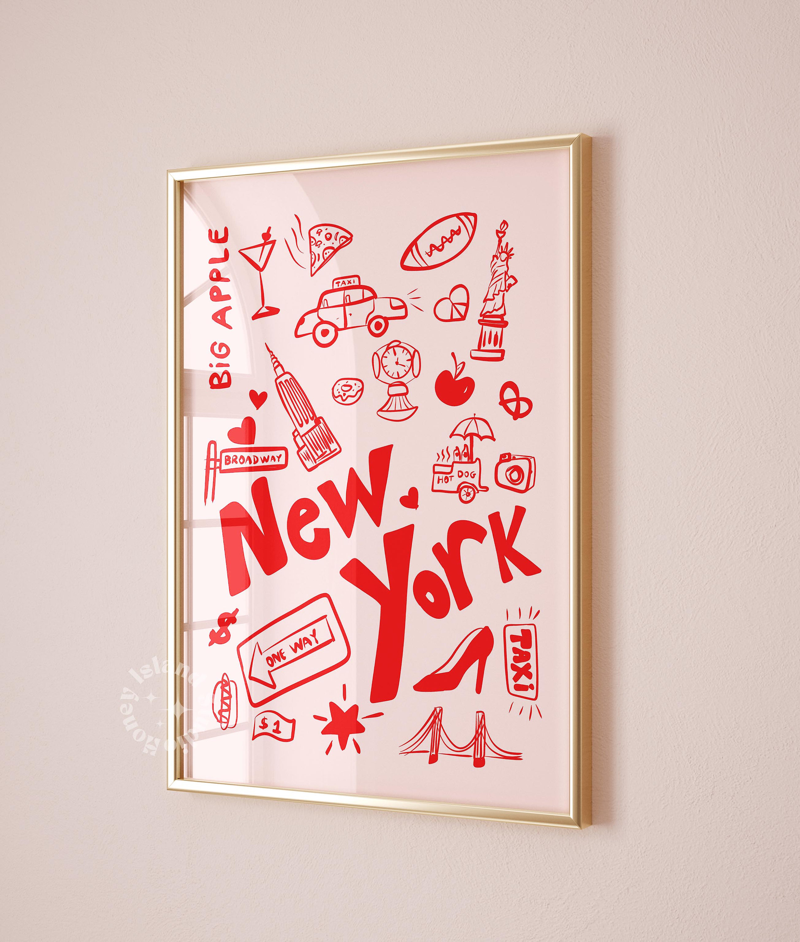 New York Doodle Art Print: Pink Big Apple Poster (UNFRAMED) - Etsy