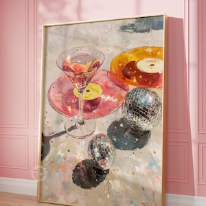 Martini wall art, Disco ball poster, Bar cart prints, Light pink wall art, Disco poster, Bar cart decor, Cocktail Oil Painting art, UNFRAMED