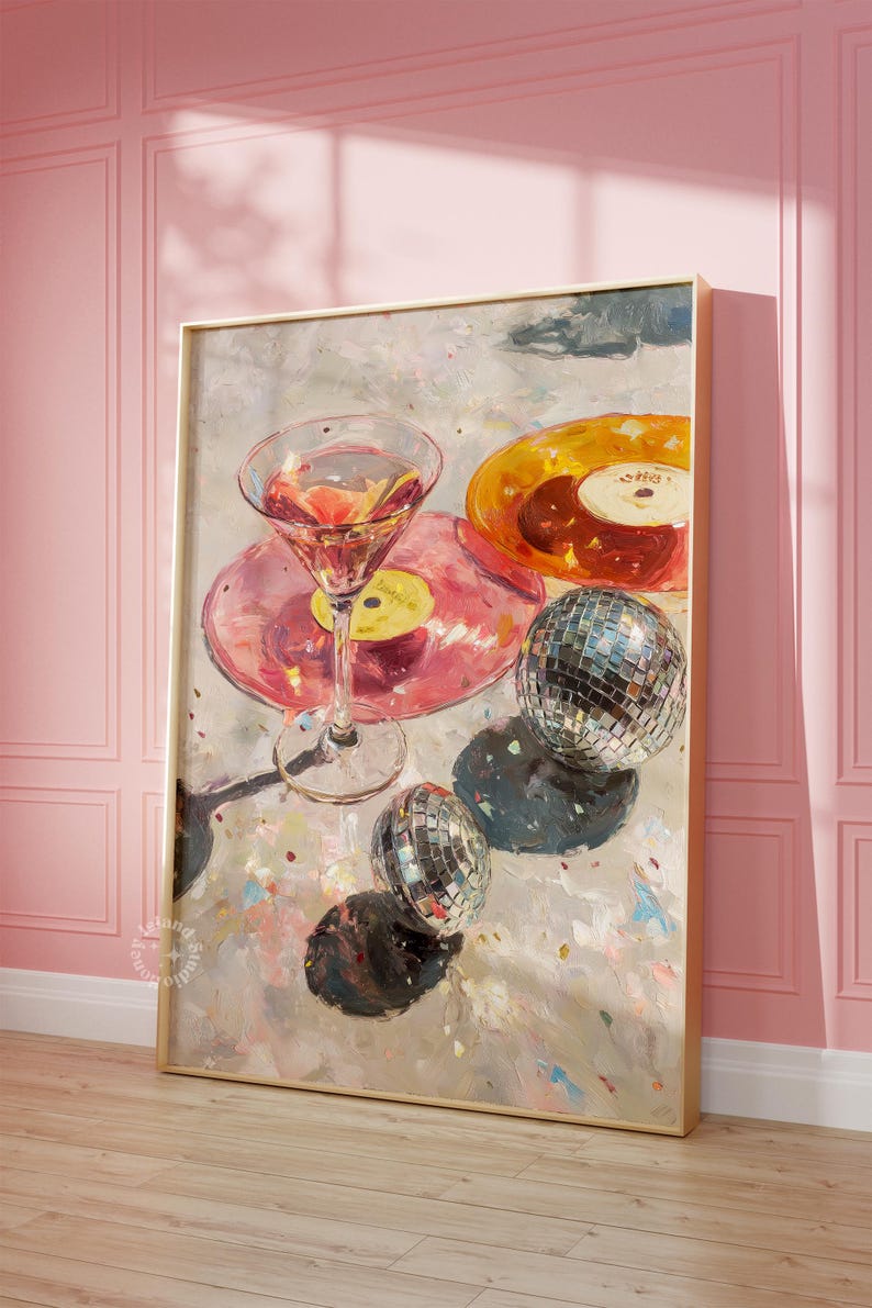 Martini wall art, Disco ball poster, Bar cart prints, Light pink wall art, Disco poster, Bar cart decor, Cocktail Oil Painting art, UNFRAMED