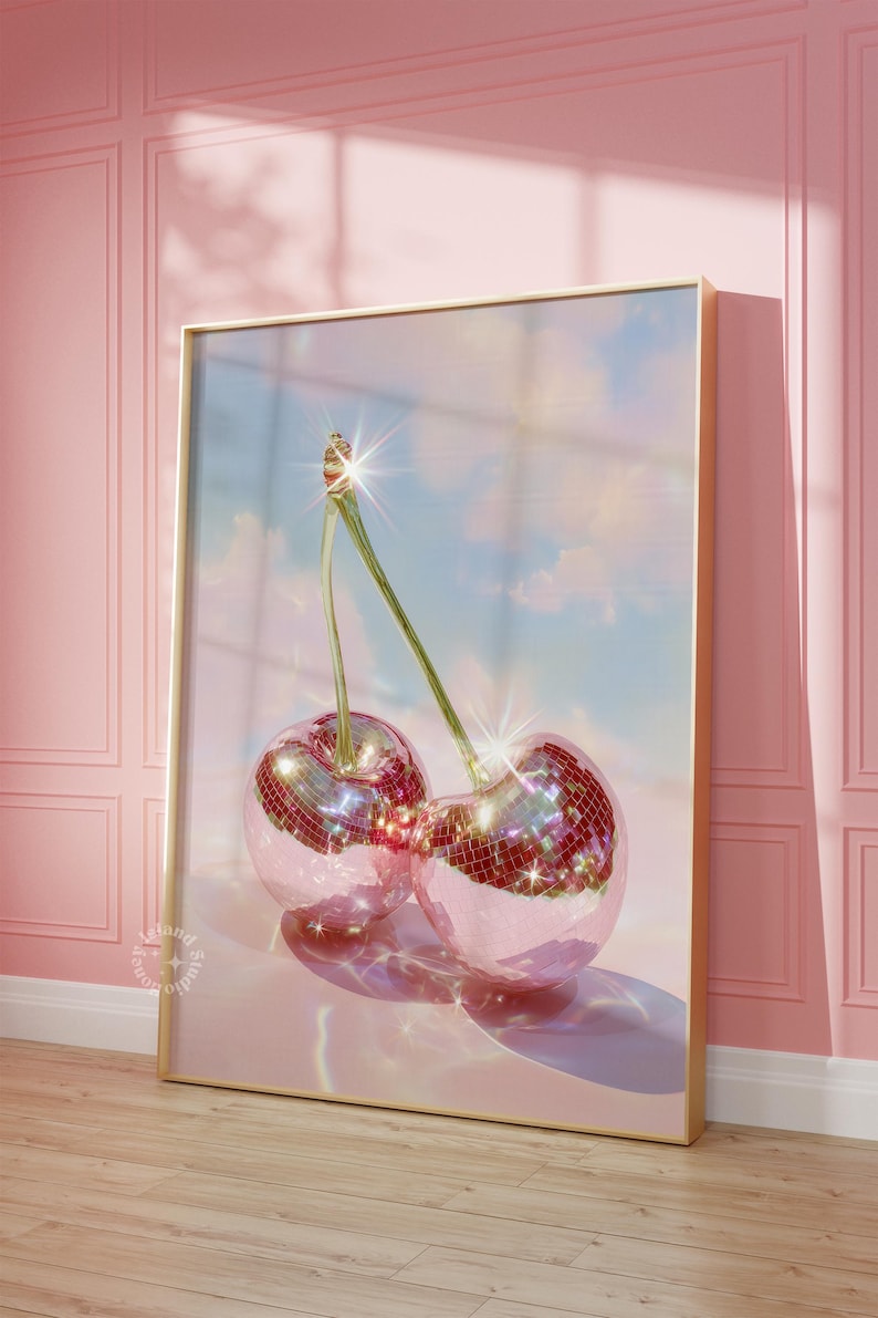 Cherry Disco Balls Surreal Art Print, Cherry Disco Print, Disco Balls, Disco Ball Cherries, Disco Cherry, Pink Cherry Wall Art, UNFRAMED
