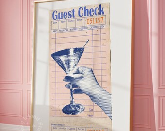 May include: A vintage-style guest check with a blue illustration of a hand holding a martini glass. The check has the text "Guest Check" at the top and the number "051197" printed on it.