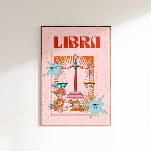 Libra Poster, Zodiac Libra  Print, Retro Wall Decor, Digital Download Print, Large Printable Art, Libra Downloadable Prints