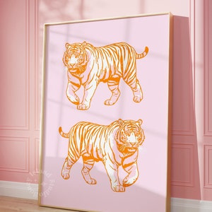 Impression tigre, décoration de dortoir rose orange, impression murale tendance, impressions roses girly, impressions murales rétro Impression murale tigre, affiche tigre rose