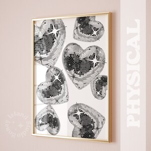 disco heart wall art, trendy posters dorm decor black white disco ball falling disco ball preppy dorm decor