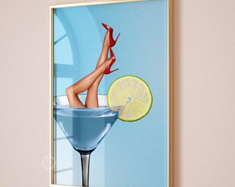 Retro Blue Cocktail Print, Bar Cart Art (UNFRAMED)