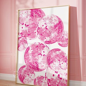 Pink Disco Ball wall art, Mirror Ball print, Pink disco dorm decor, pink girly prints, trendy wall art, UNFRAMED