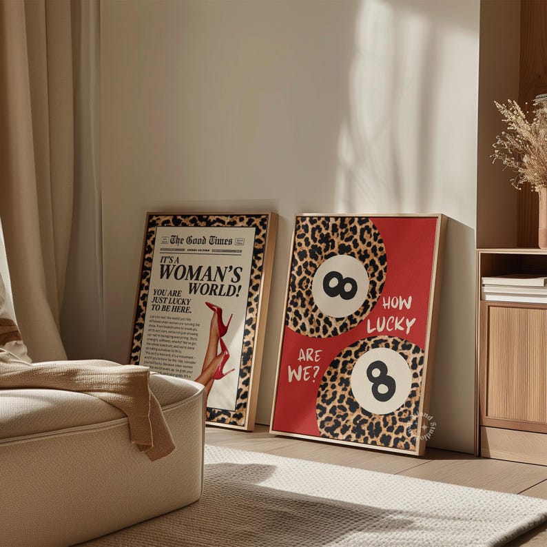 How Lucky Are We Print | Trendy 8 Ball Wall Art with Red & Leopard Aesthetic | Retro Poster for Bedroom, Dorm, Gallery Wall Decor UNFRAMED