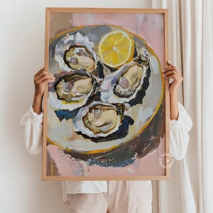 Impression d'huîtres, art mural côtier rose, art culinaire d'été, illustration d'affiche de cuisine d'été, décor de fruits de mer, affiche imprimée, SANS CADRE