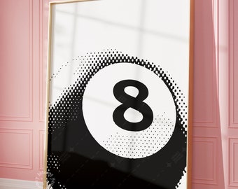 May include: Black and white illustration of a pool ball with the number eight on it. The ball is surrounded by a halftone pattern.