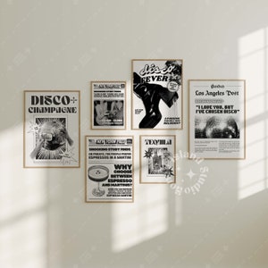 Set of 6 Retro Bar Cart Prints, Trendy Gallery Wall, Black White Poster, Disco & Tequila, Wall Poster, Dorm Room Decor, Newspaper Wall Art