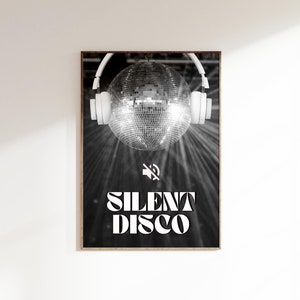 Silent Disco Print, Silent Disco Wall Art, Groovy  70&#39;s Wall Art, Silent Disco Ball, Preppy Decor, Dorm decor, Retro Vintage Poster