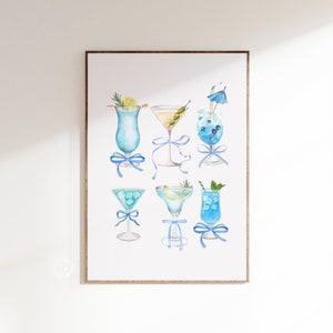 Cocktail Wall Art, Coquette Cocktails, Bar cart decor, Blue cocktail glasses, Bar cart trendy,  Kitchen Wall Decor, Martini Print, UNFRAMED