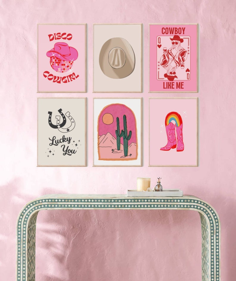 Set of 6 Disco Cowgirl Prints, Nashville Gallery Prints, Western Boots Wall Art, Retro Decor, Pink Cowgirl Aesthetic, Preppy Dorm Decor