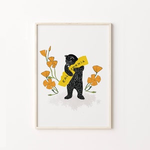 I Love California Bear Hug Print, California poppy, California Bear Illustration, Instant Download, California Poppies Printable Art