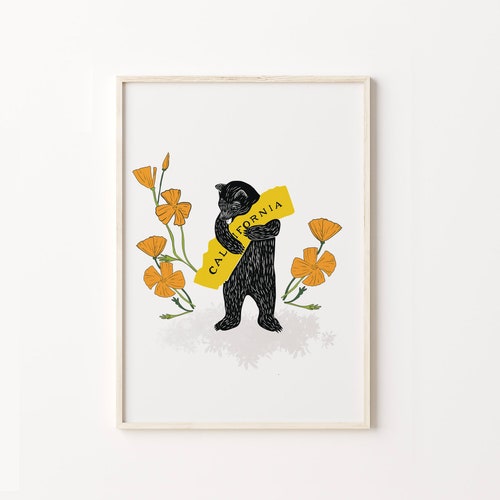 Impression de câlins d'ours de Californie, illustration de coquelicots (téléchargement instantané)