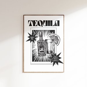 Tequila Recipe Art Print Black White Print, Retro Tequila Poster, Tequila Trendy Wall Art,  Alcohol Digital print, Dorm room decor,